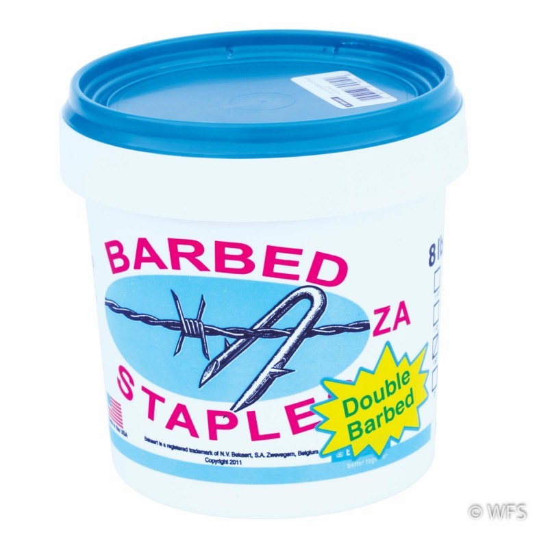 Long Double Barbed Staples, ZA Coated, 8 lb. pail